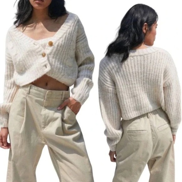 Urban Outfitters Sweaters - UO Lolli Cable Knit Cropped Cardigan Sweater Beige Alpaca Blend Size S